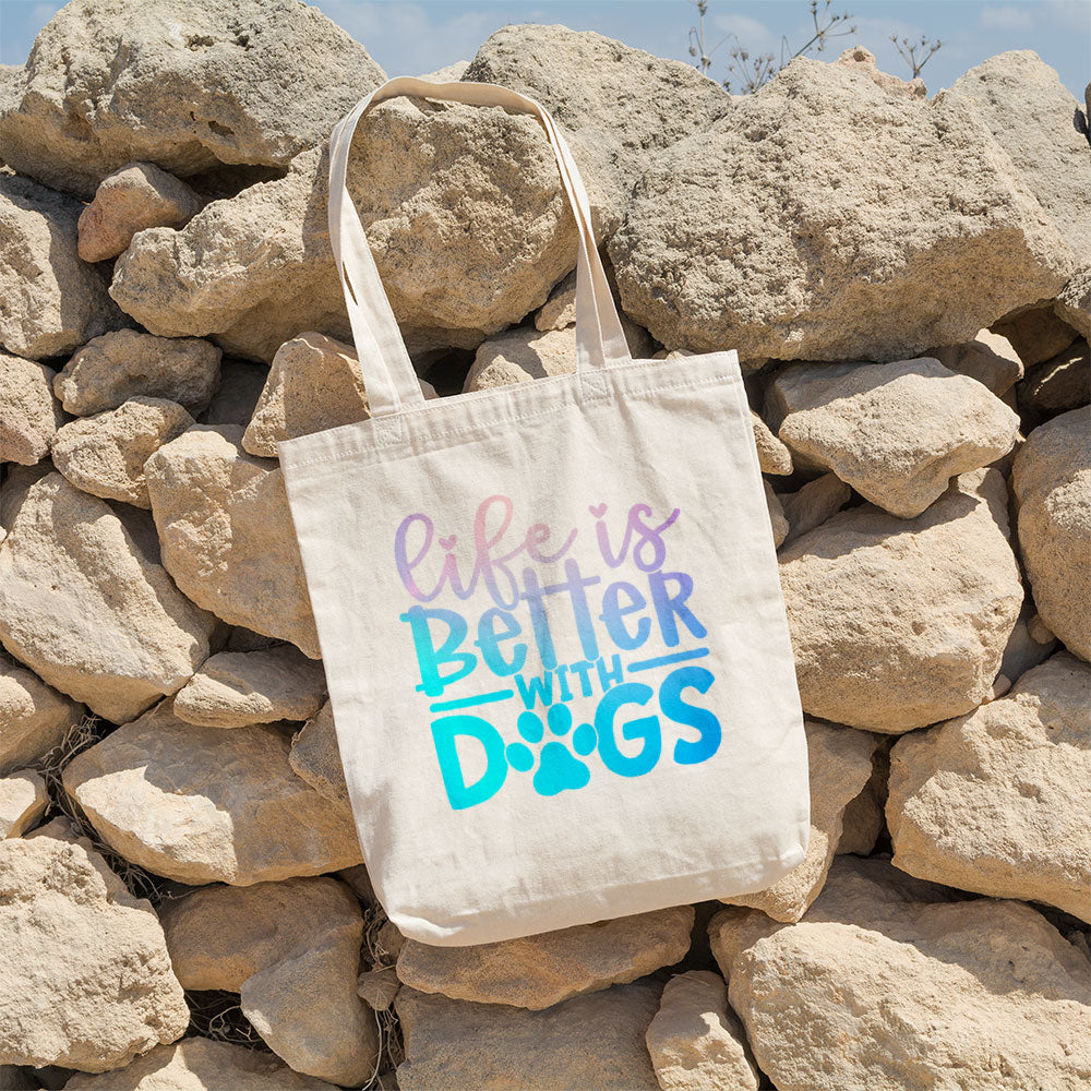 Life Is Better With Dogs With A Paw With Blue Gradient Font Totes at $22.95 found at Personalizedpetlovergifts