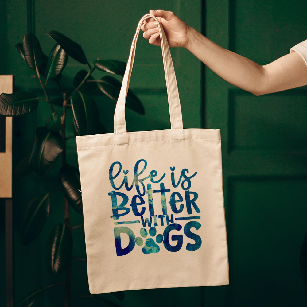 Life Is Better With Dogs With A Paw With Blue Paint Font Totes at $22.95 found at Personalizedpetlovergifts