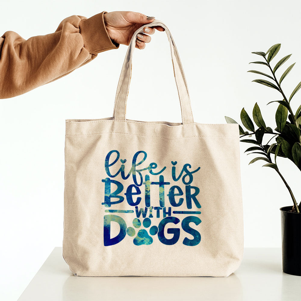 Life Is Better With Dogs With A Paw With Blue Paint Font Totes at $22.95 found at Personalizedpetlovergifts