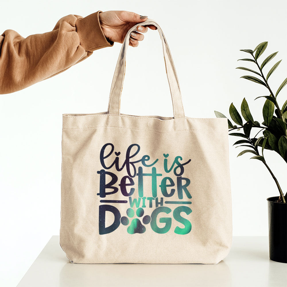 Life Is Better With Dogs With A Paw With Green Galaxy Font Totes at $22.95 found at Personalizedpetlovergifts