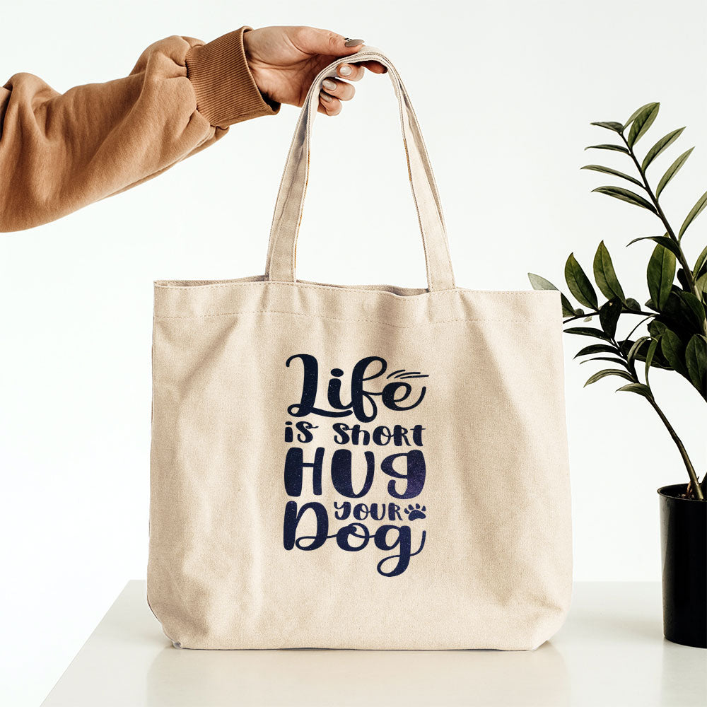 Life Is Short Hug Your Dog With Galaxy Font Totes at $22.95 found at Personalizedpetlovergifts