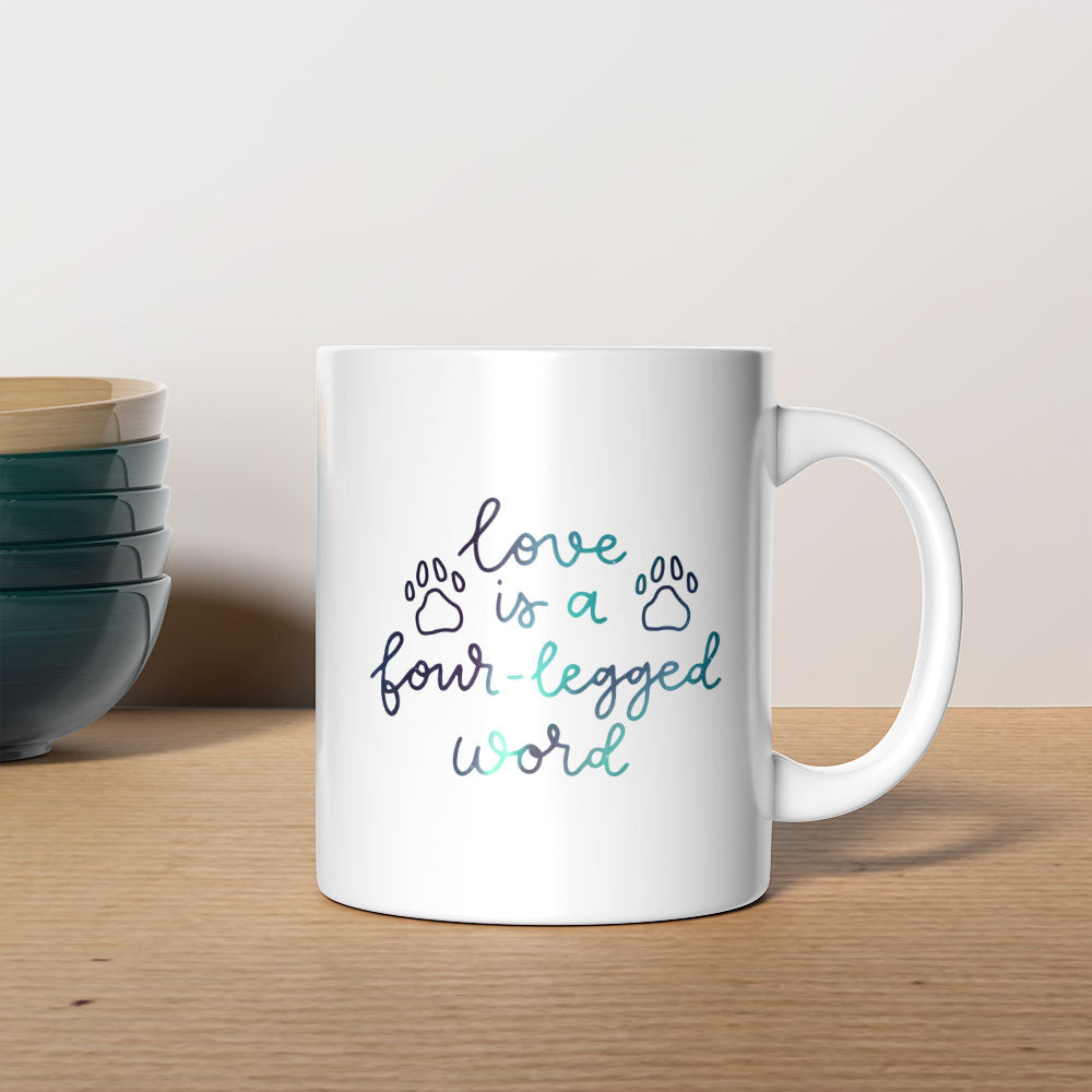 Love Is A Four Legged Word with Green Galaxy font Mugs at $13.95 found at Personalizedpetlovergifts