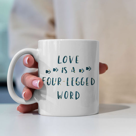 Love Is A Fur Legged Word with star font Mugs at $13.95 found at Personalizedpetlovergifts