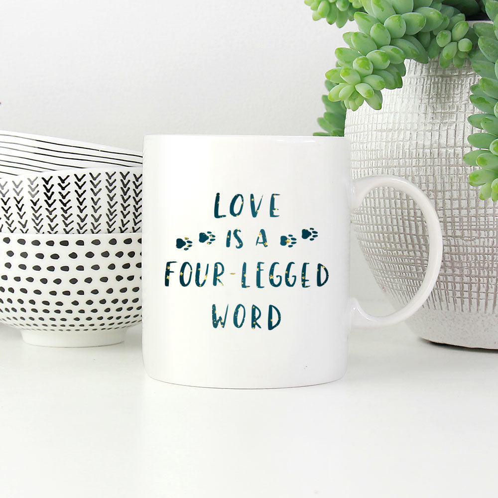 Love Is A Fur Legged Word with star font Mugs at $13.95 found at Personalizedpetlovergifts