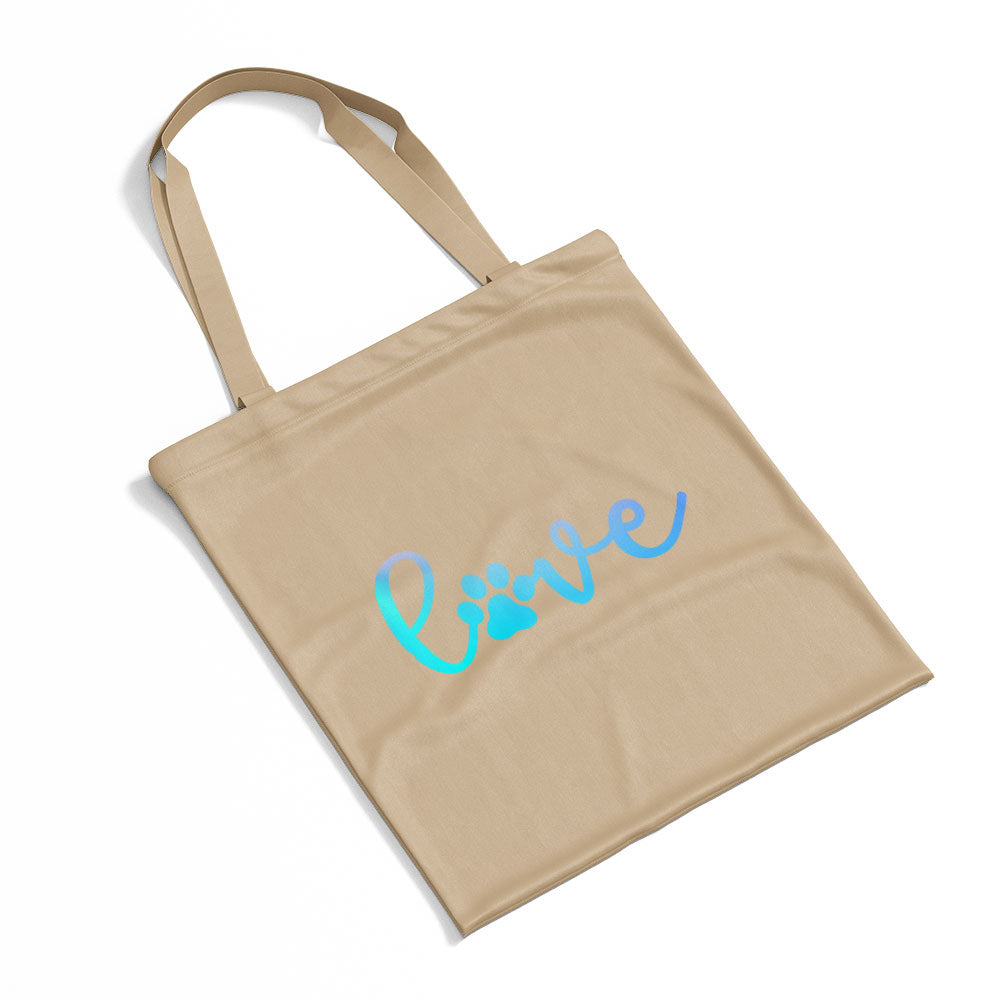 Love Paw With Blue Gradient Font Totes at $22.95 found at Personalizedpetlovergifts