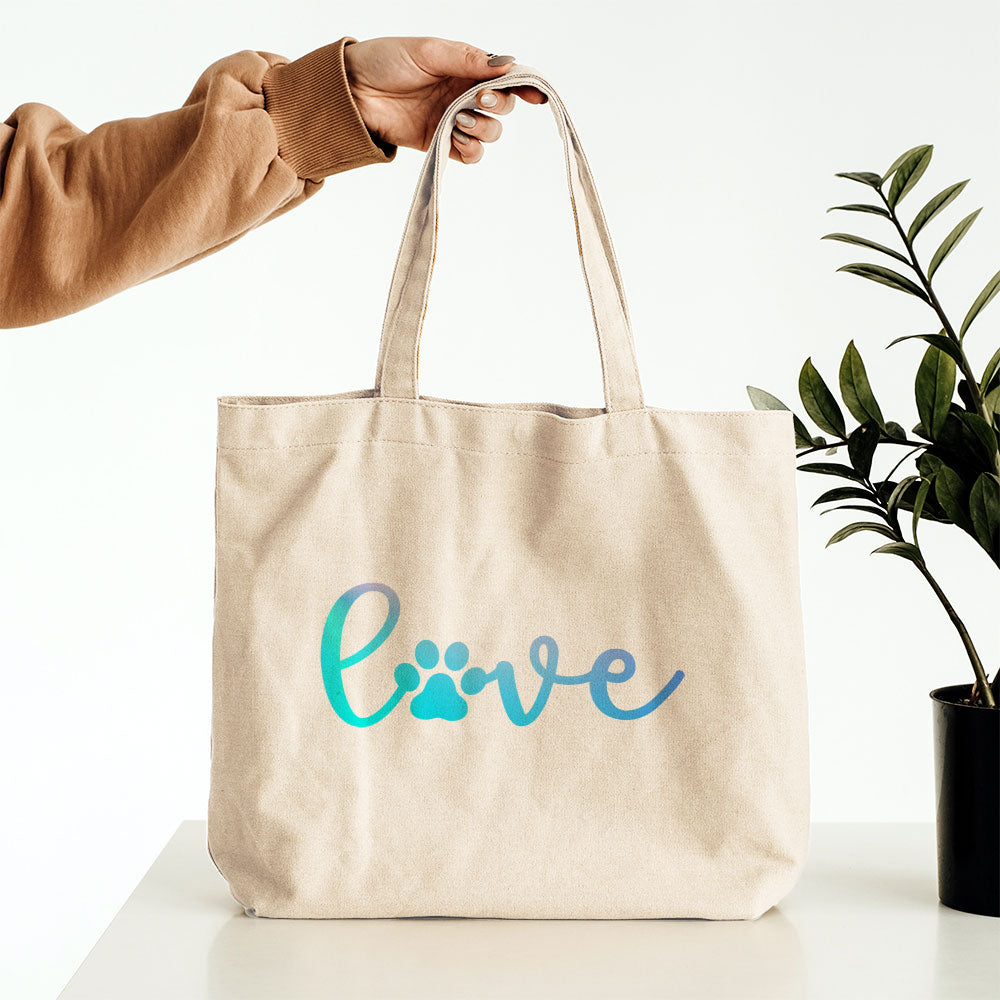 Love Paw With Blue Gradient Font Totes at $22.95 found at Personalizedpetlovergifts