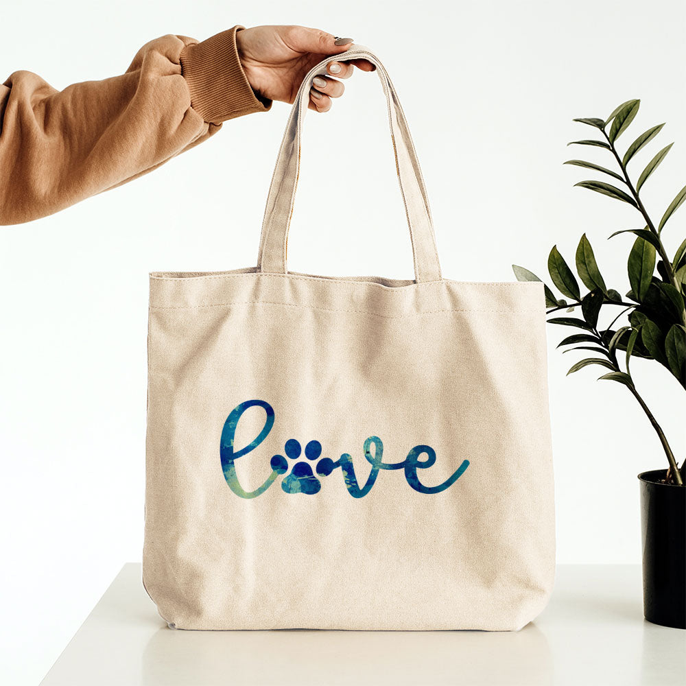 Love Paw With Blue Paint Font Totes at $22.95 found at Personalizedpetlovergifts