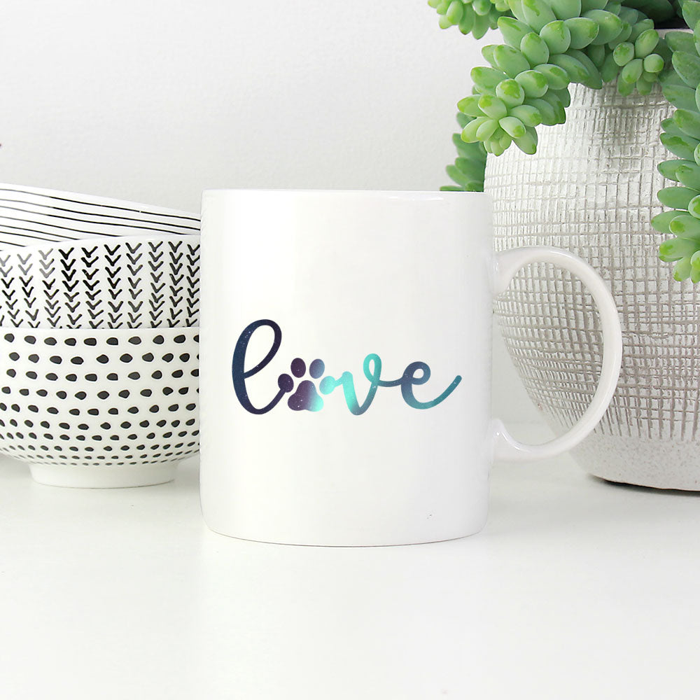 Love Paw with Green Galaxy font Mugs at $13.95 found at Personalizedpetlovergifts