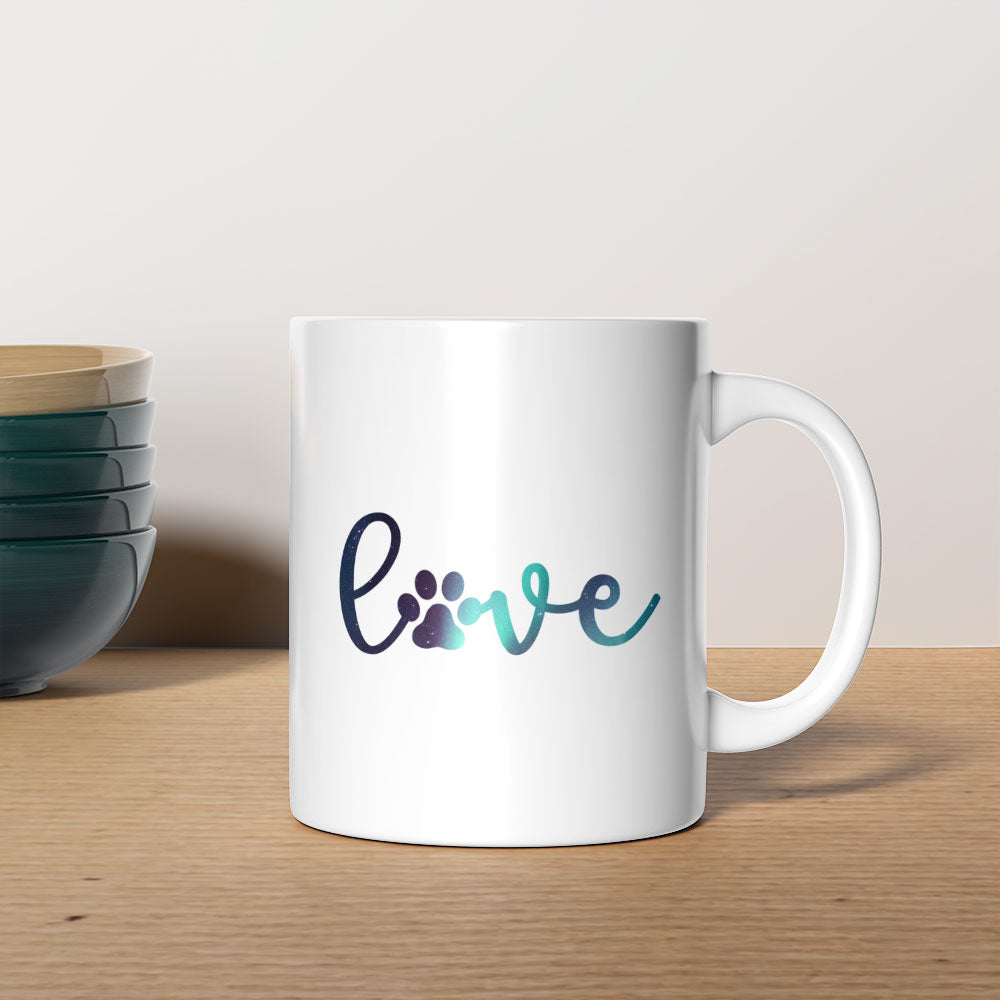 Love Paw with Green Galaxy font Mugs at $13.95 found at Personalizedpetlovergifts