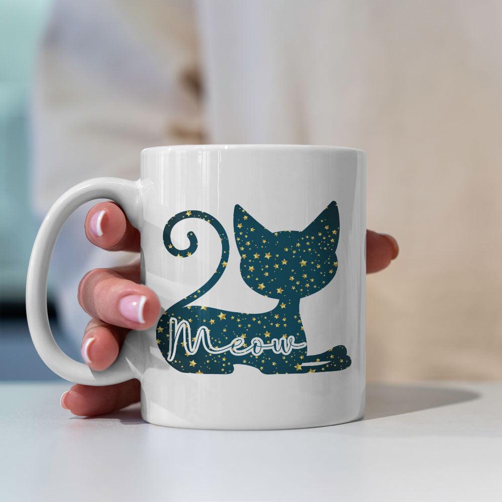 Meow In a Cat Silhouette In Star Pattern Mug at $13.95 found at Personalizedpetlovergifts