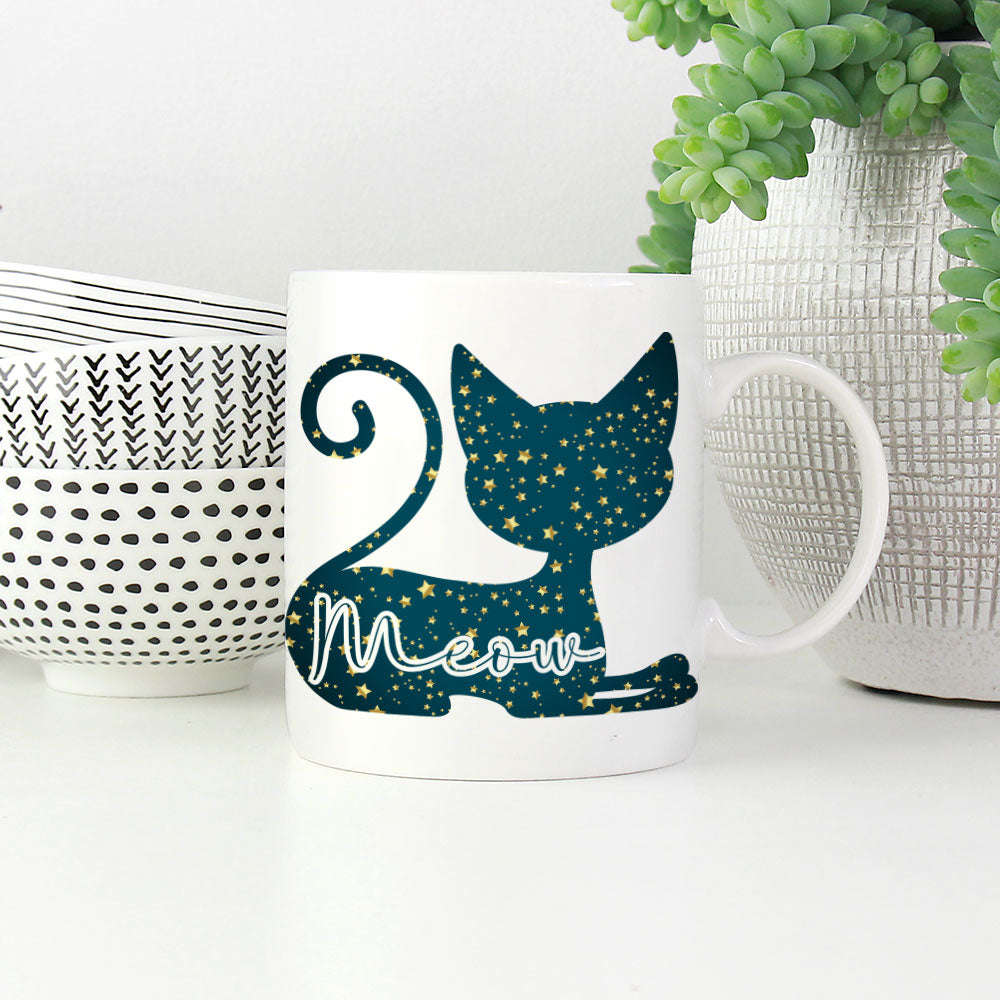 Meow In a Cat Silhouette In Star Pattern Mug at $13.95 found at Personalizedpetlovergifts