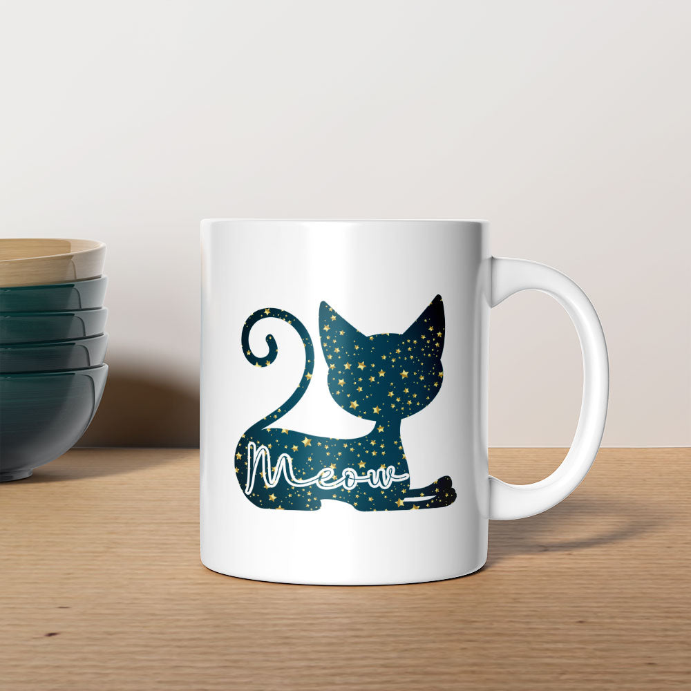 Meow In a Cat Silhouette In Star Pattern Mug at $13.95 found at Personalizedpetlovergifts