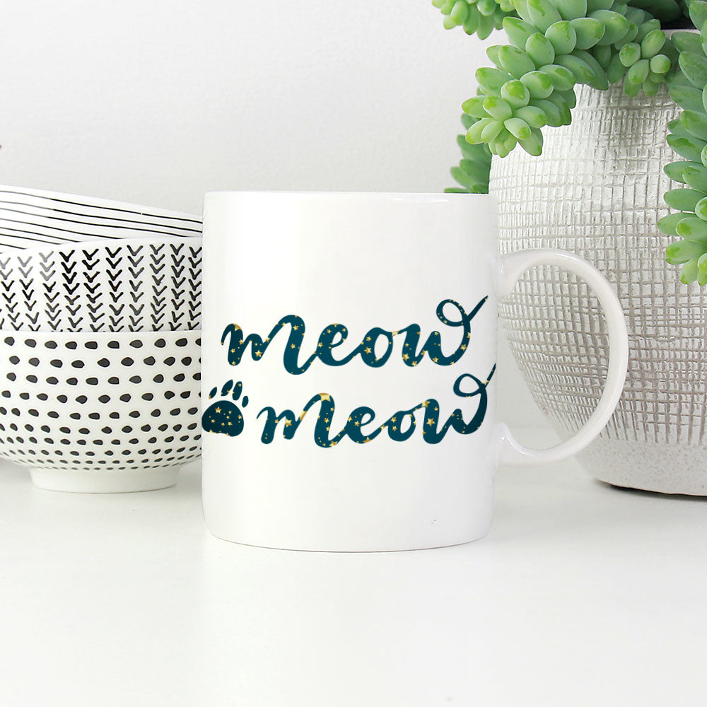 Meow Meow In Star Pattern Mug at $13.95 found at Personalizedpetlovergifts