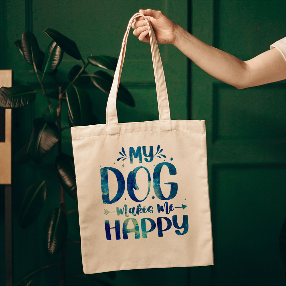 My Dog Makes Me Happy With Blue Paint Font Totes at $22.95 found at Personalizedpetlovergifts