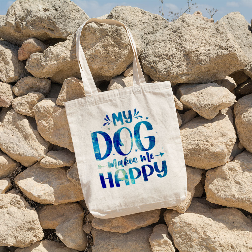 My Dog Makes Me Happy With Blue Paint Font Totes at $22.95 found at Personalizedpetlovergifts