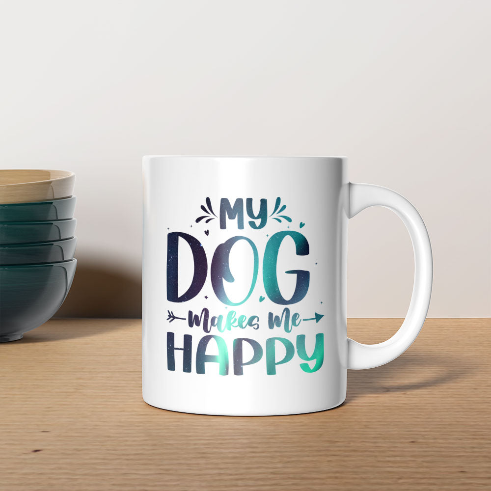 My Dog Makes Me Happy with Green Galaxy font Mugs at $13.95 found at Personalizedpetlovergifts