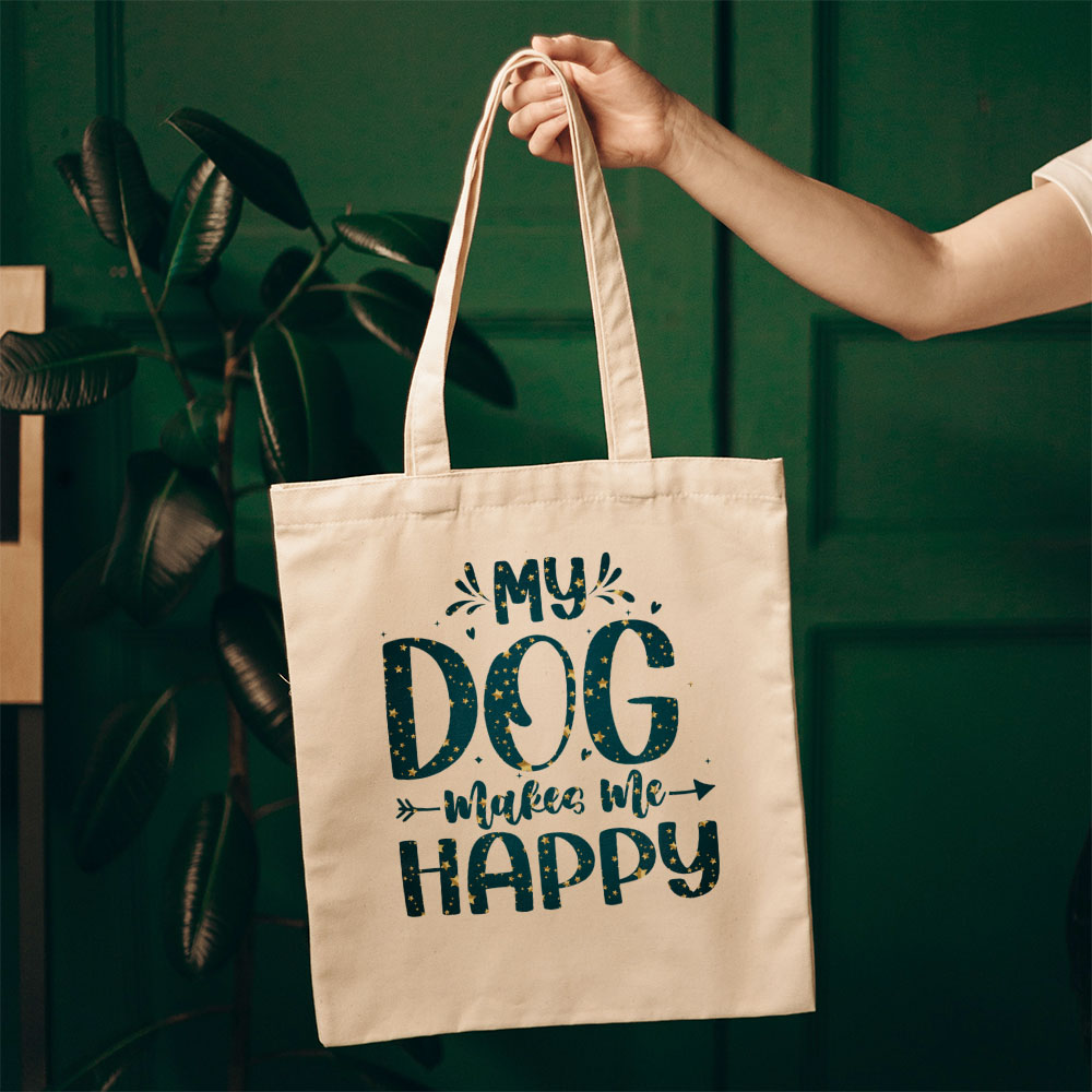 My Dog Makes Me Happy With Star Font Totes at $22.95 found at Personalizedpetlovergifts