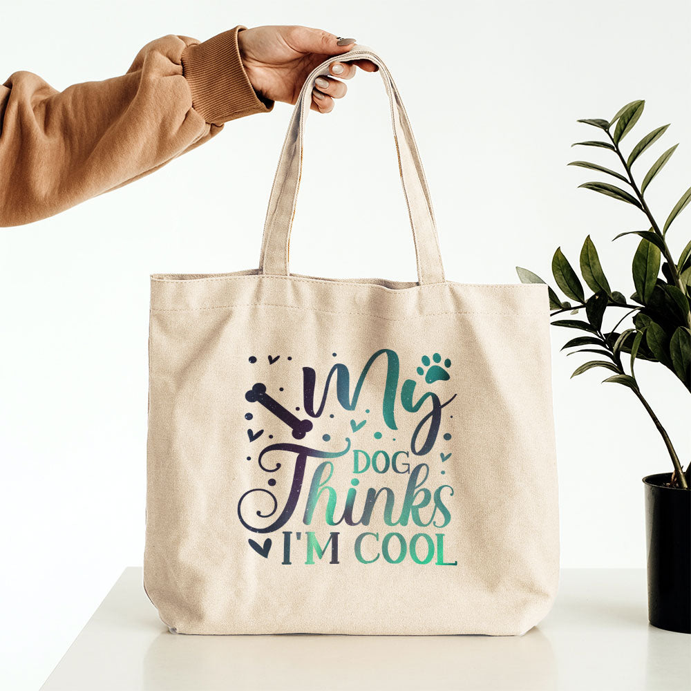 My Dog Thinks I_m Cool With Green Galaxy Font Totes at $22.95 found at Personalizedpetlovergifts