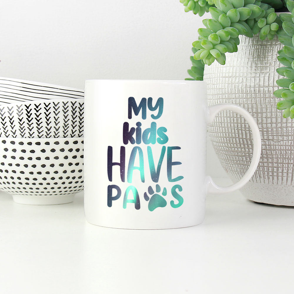 My Kids Have Paws With Hearts with star font Mugs at $13.95 found at Personalizedpetlovergifts