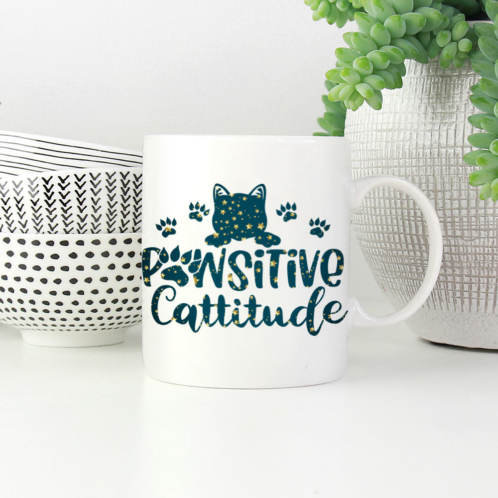 Pawsitive Cattitude In Star Pattern Mug at $13.95 found at Personalizedpetlovergifts