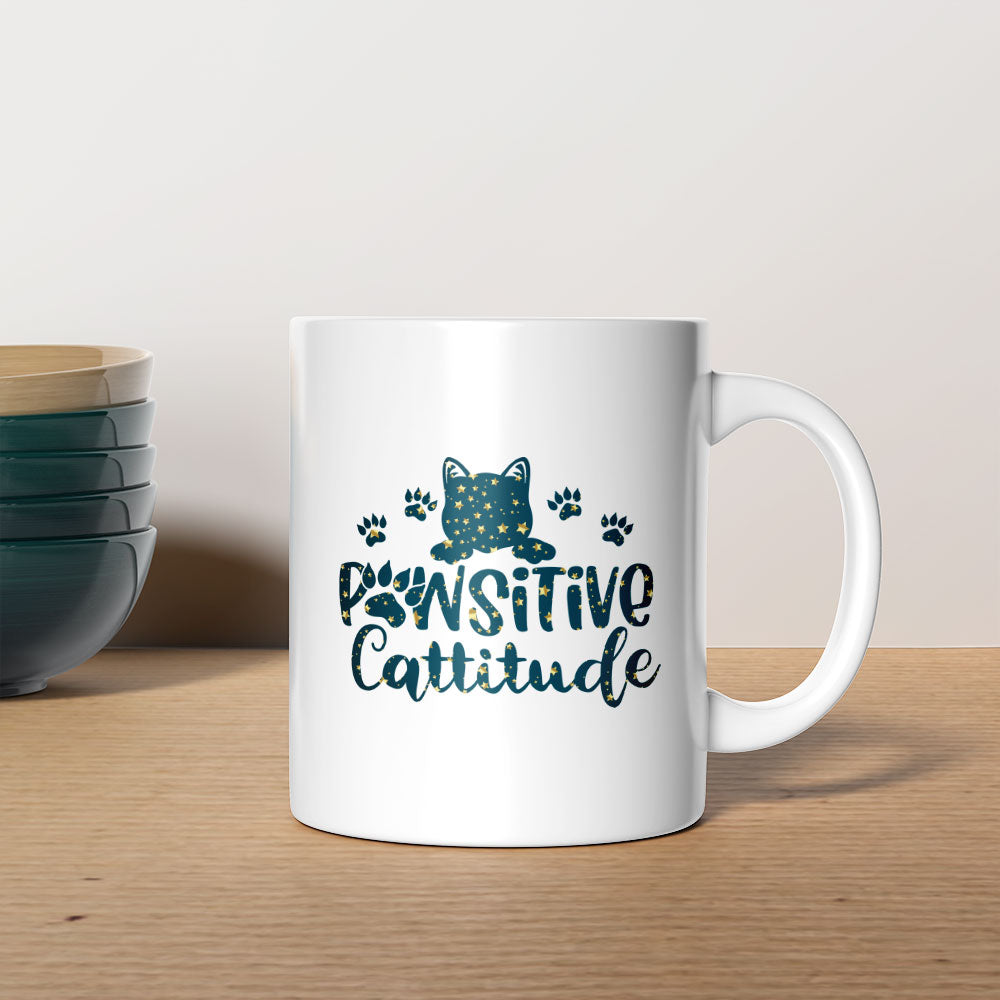 Pawsitive Cattitude In Star Pattern Mug at $13.95 found at Personalizedpetlovergifts