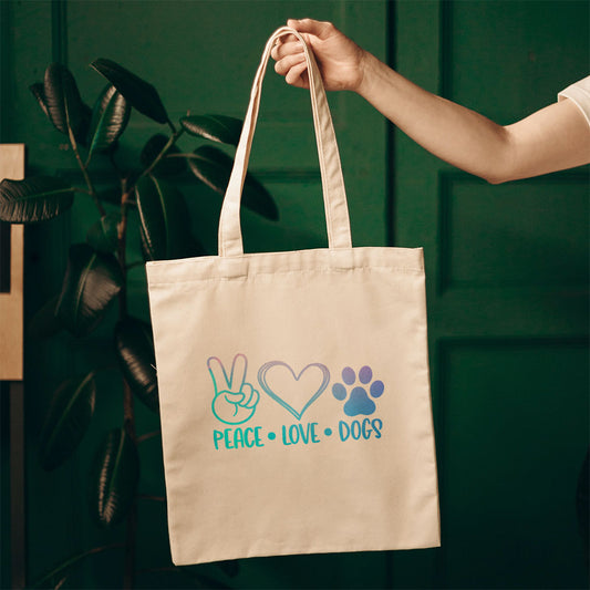 Peave Love Dogs With Blue Gradient Font Totes at $22.95 found at Personalizedpetlovergifts