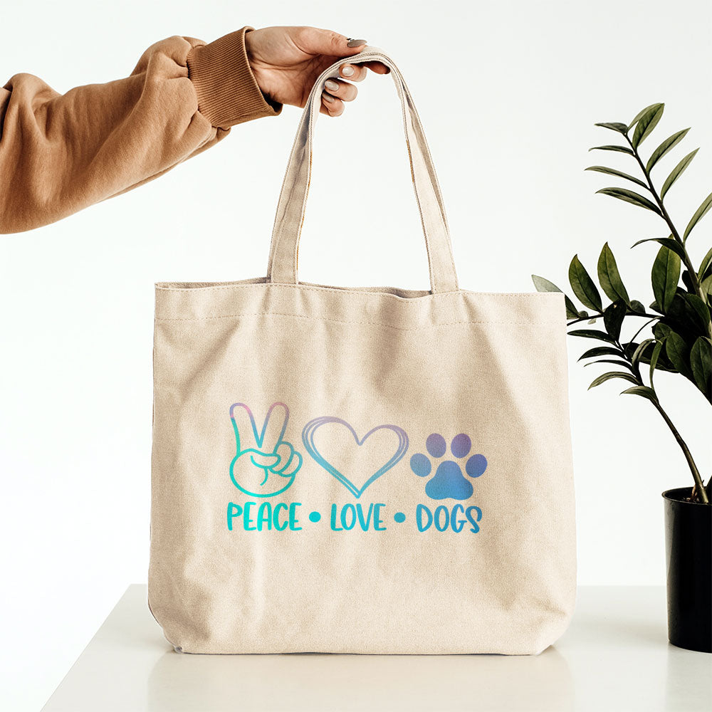 Peave Love Dogs With Blue Gradient Font Totes at $22.95 found at Personalizedpetlovergifts