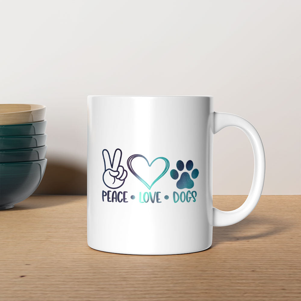 Peave Love Dogs with Green Galaxy font Mugs at $13.95 found at Personalizedpetlovergifts