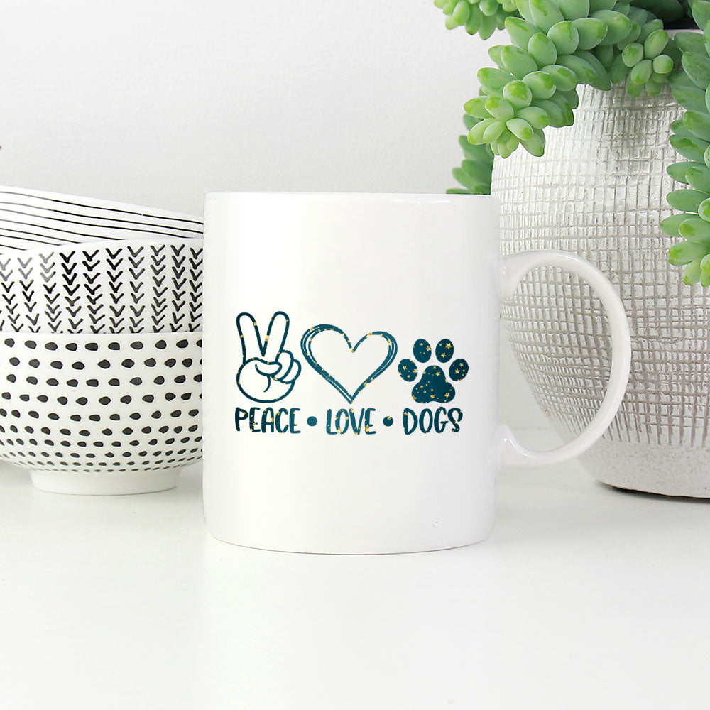 Peave Love Dogs with star font Mugs at $13.95 found at Personalizedpetlovergifts