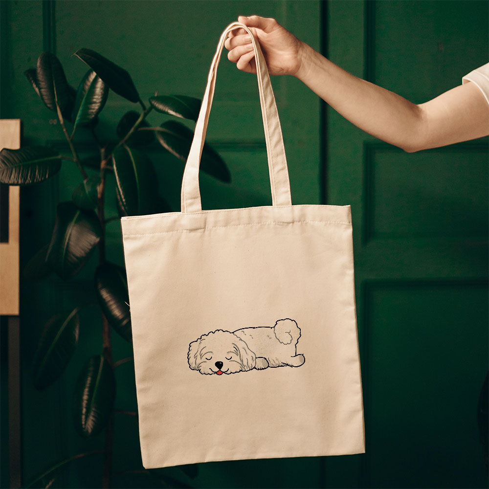 Sleepy Lazy Dog Bichon Frise White Totes at $22.95 found at Personalizedpetlovergifts