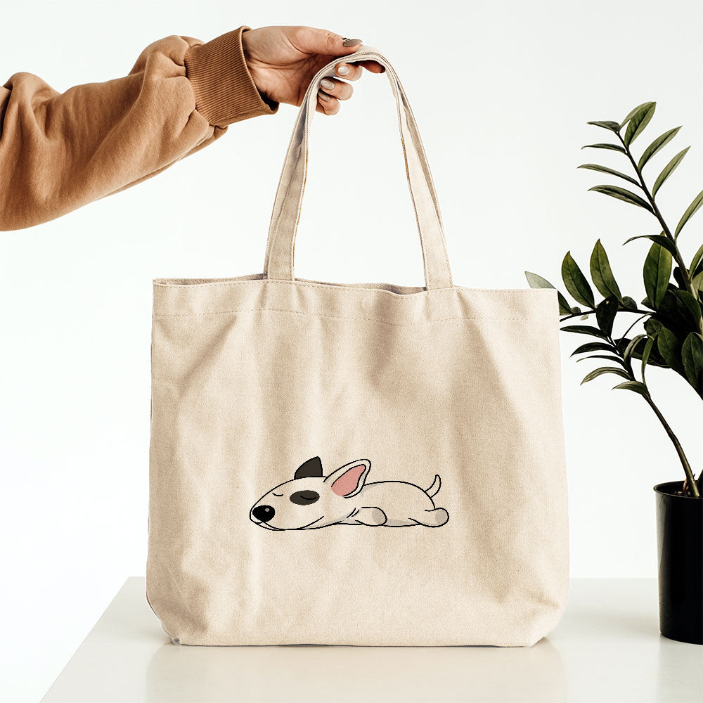 Sleepy Lazy Dog Bull Terrier White and Black Totes at $22.95 found at Personalizedpetlovergifts