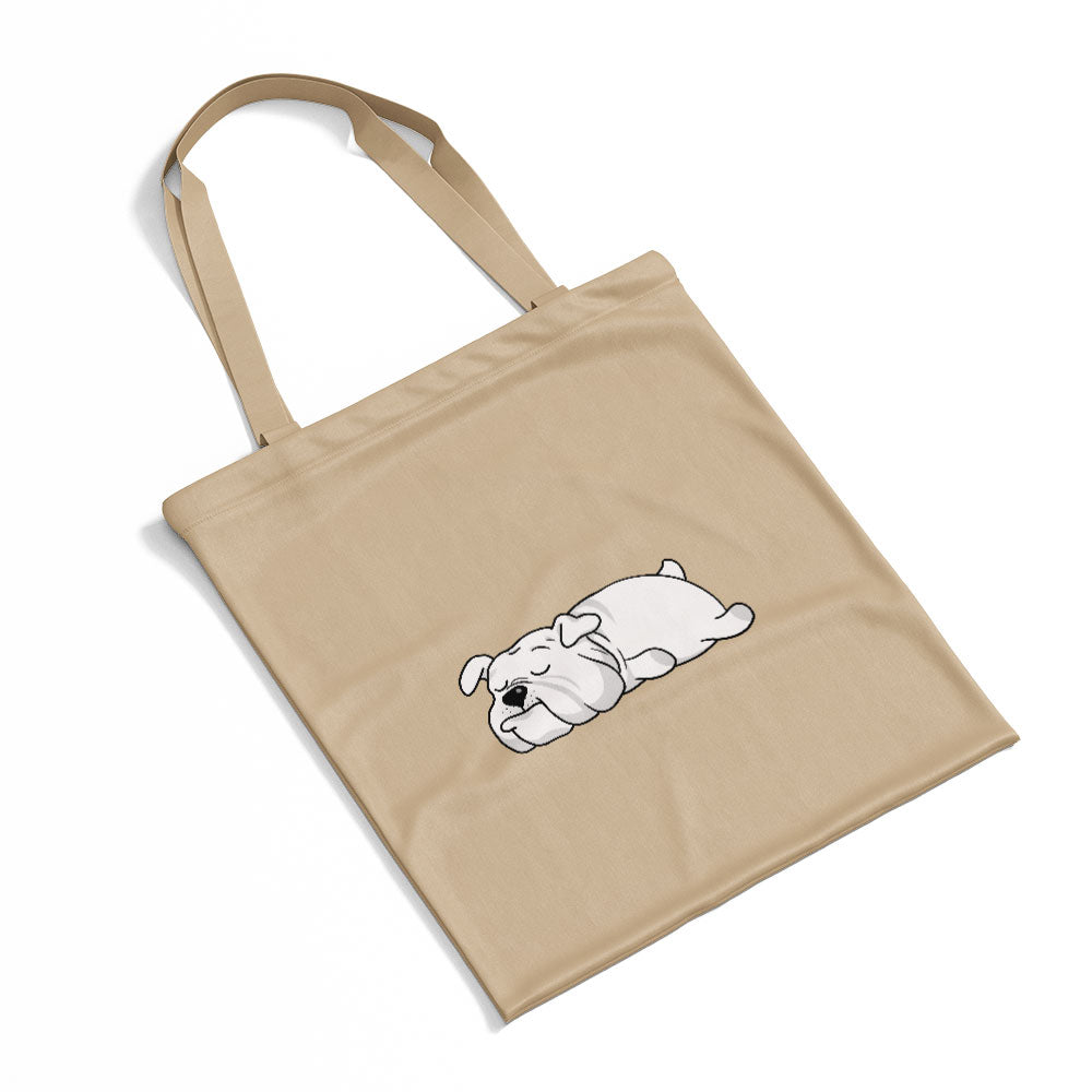 Sleepy Lazy Dog Bulldog White Totes at $22.95 found at Personalizedpetlovergifts