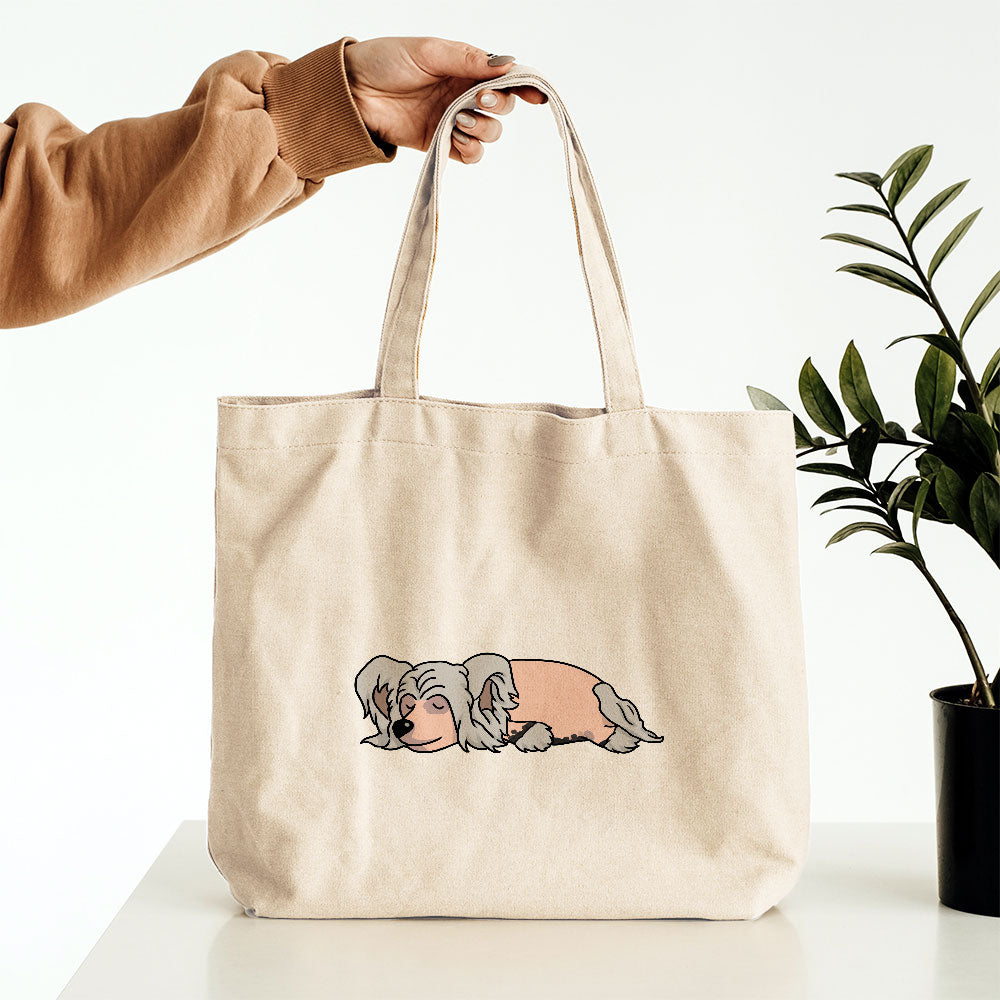 Sleepy Lazy Dog Chinese Crested Cream Totes at $22.95 found at Personalizedpetlovergifts