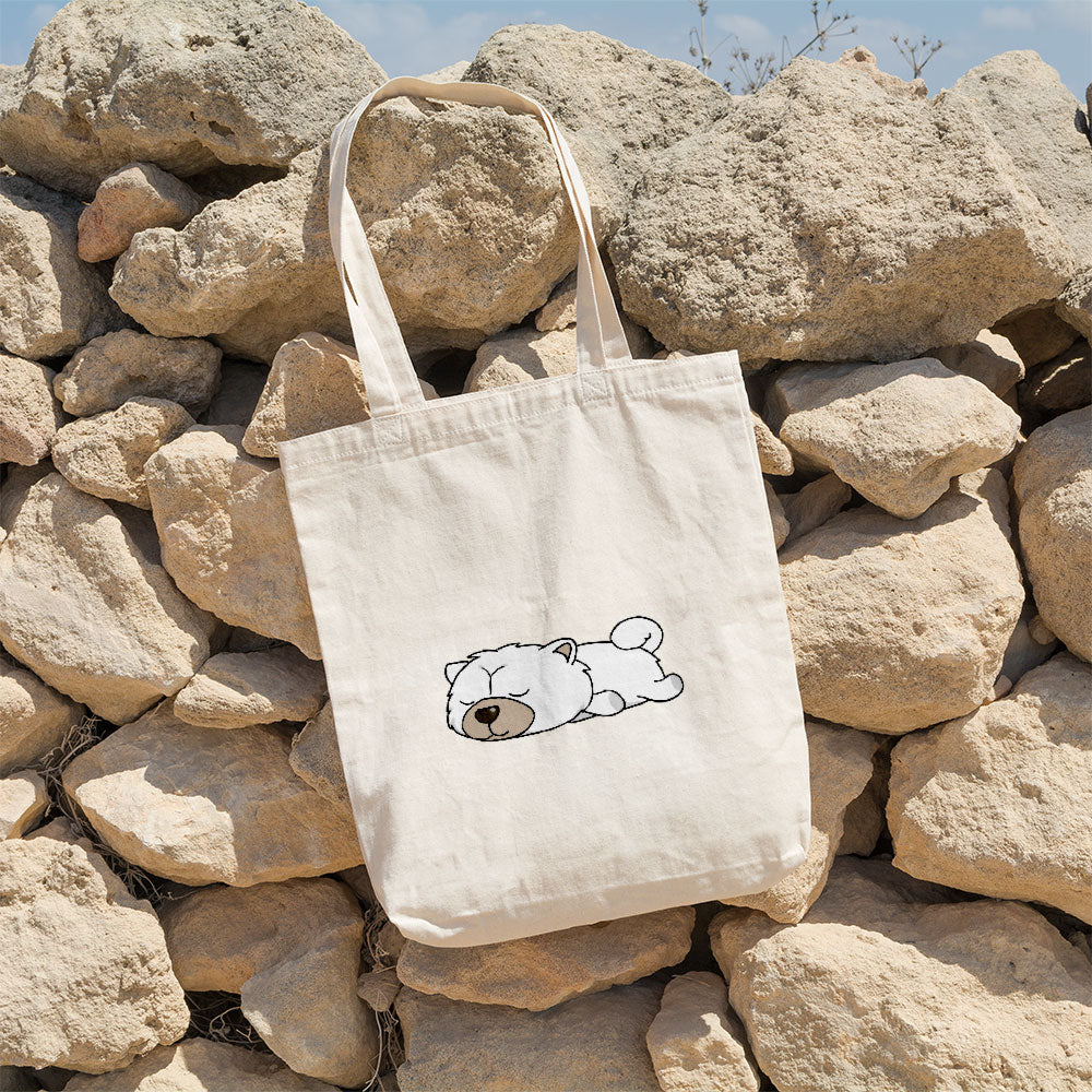 Sleepy Lazy Dog Chow Chow White Totes at $22.95 found at Personalizedpetlovergifts