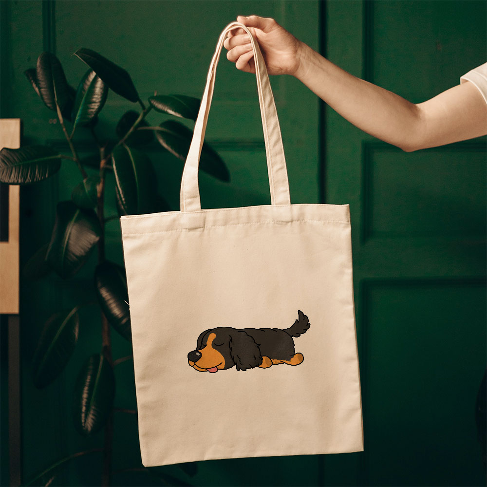 Sleepy Lazy Dog Cocker Spaniel Black white Totes at $22.95 found at Personalizedpetlovergifts