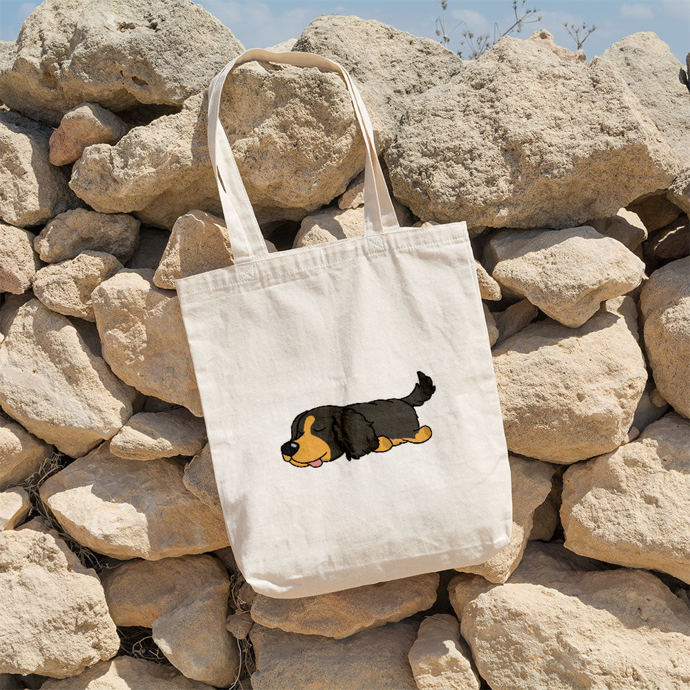 Sleepy Lazy Dog Cocker Spaniel Black white Totes at $22.95 found at Personalizedpetlovergifts