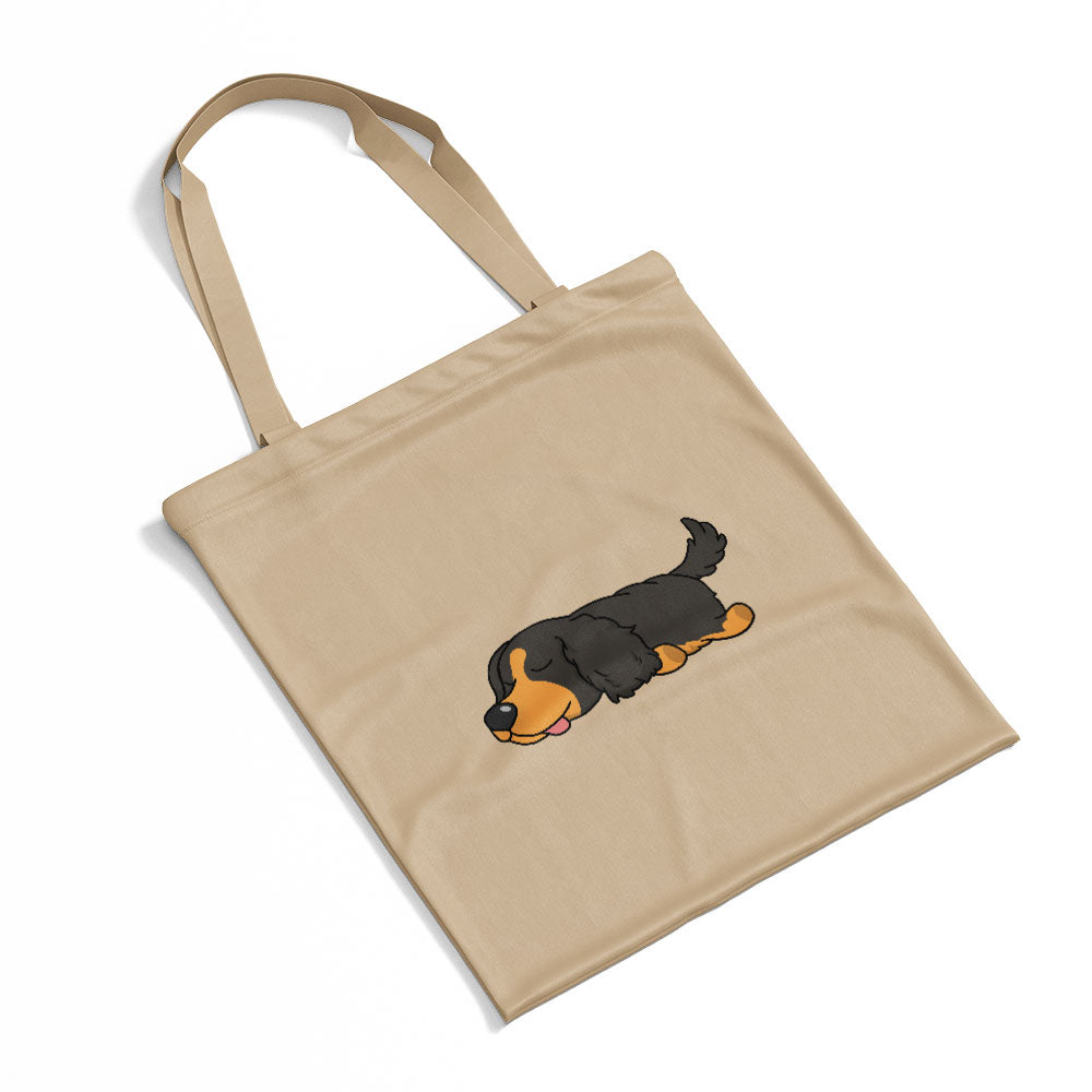 Sleepy Lazy Dog Cocker Spaniel Black white Totes at $22.95 found at Personalizedpetlovergifts