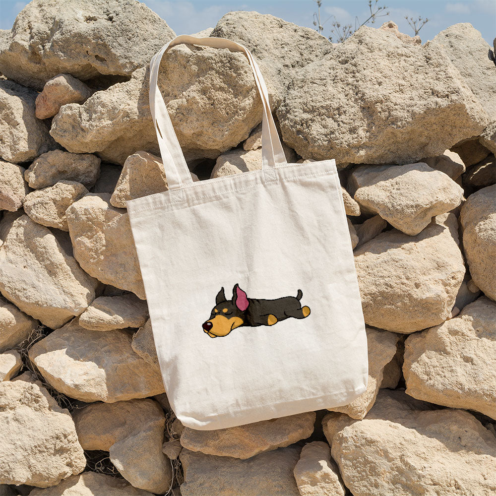 Sleepy Lazy Dog Doberman Pinscher Black Tan Totes at $22.95 found at Personalizedpetlovergifts