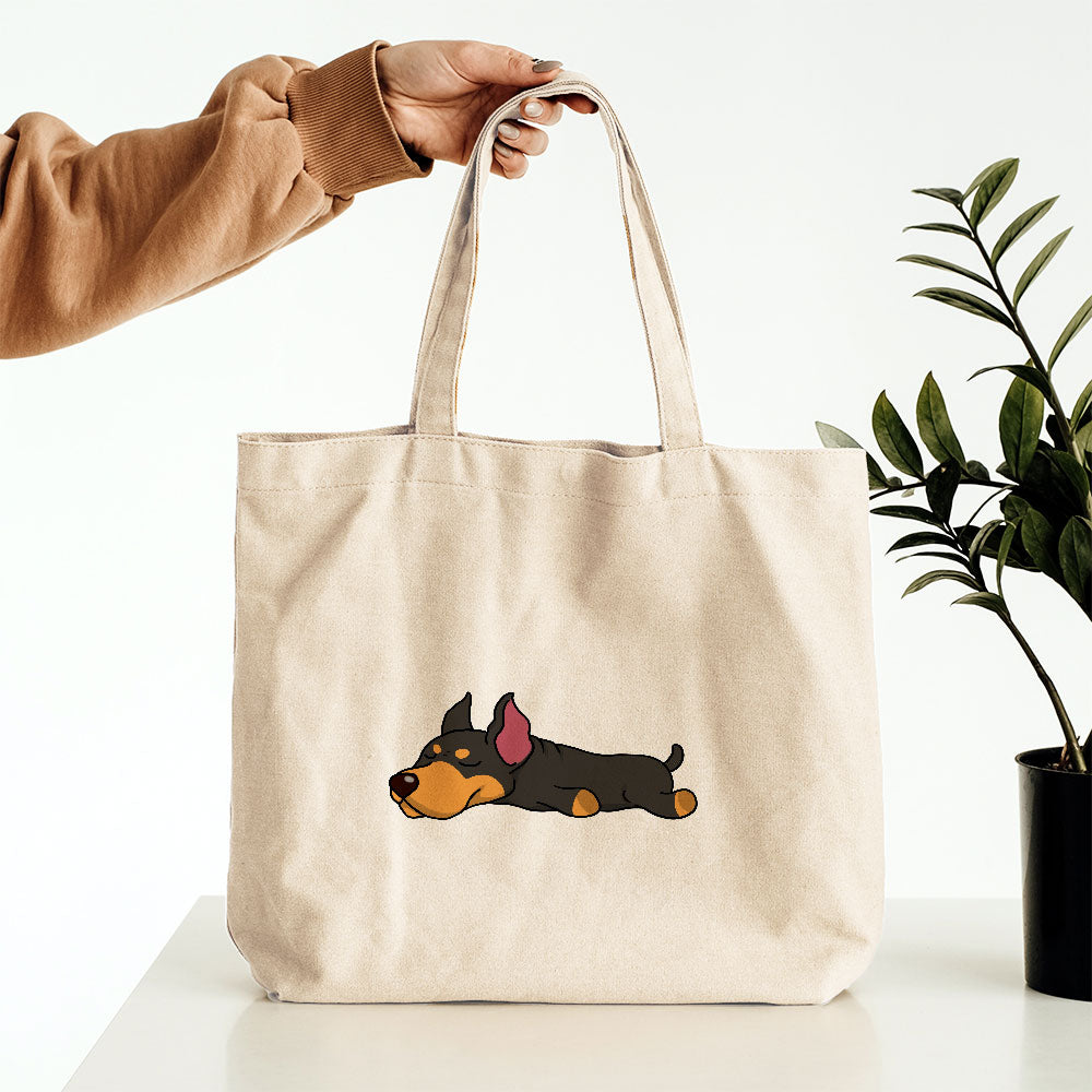 Sleepy Lazy Dog Doberman Pinscher Black Tan Totes at $22.95 found at Personalizedpetlovergifts