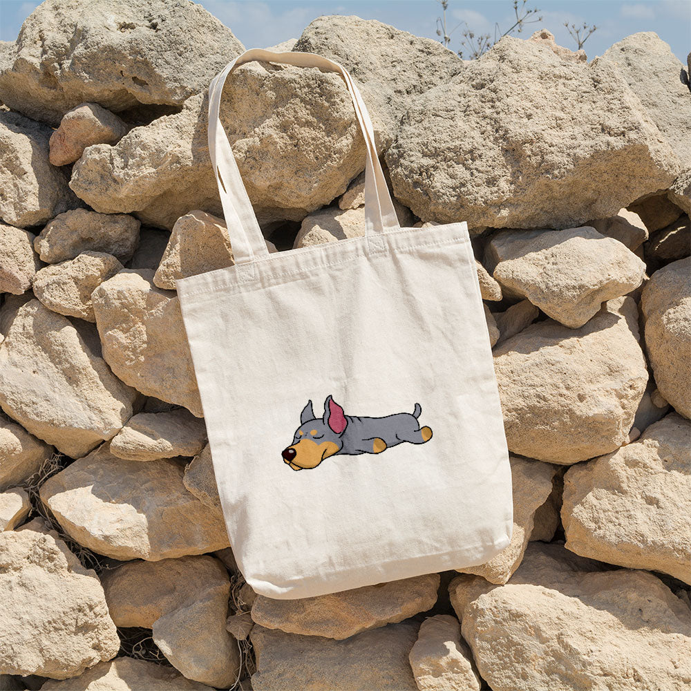 Sleepy Lazy Dog Doberman Pinscher Blue Tan Totes at $22.95 found at Personalizedpetlovergifts