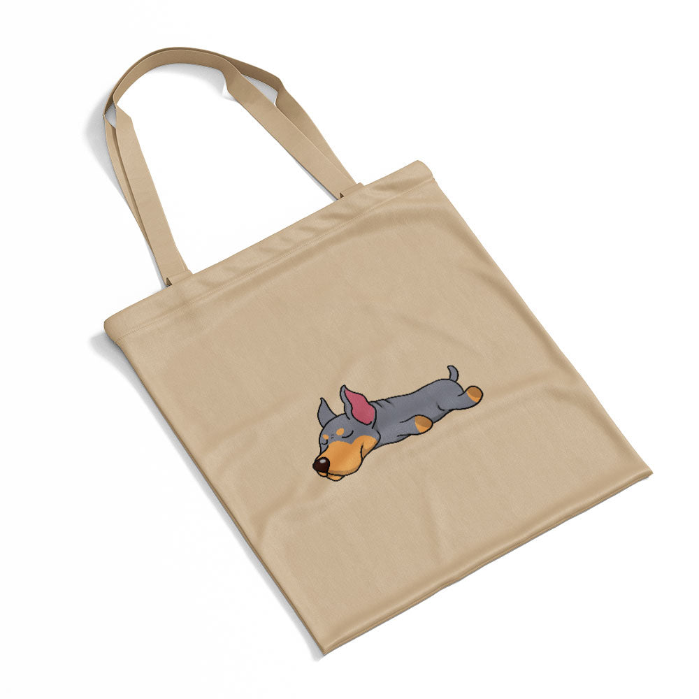 Sleepy Lazy Dog Doberman Pinscher Blue Tan Totes at $22.95 found at Personalizedpetlovergifts