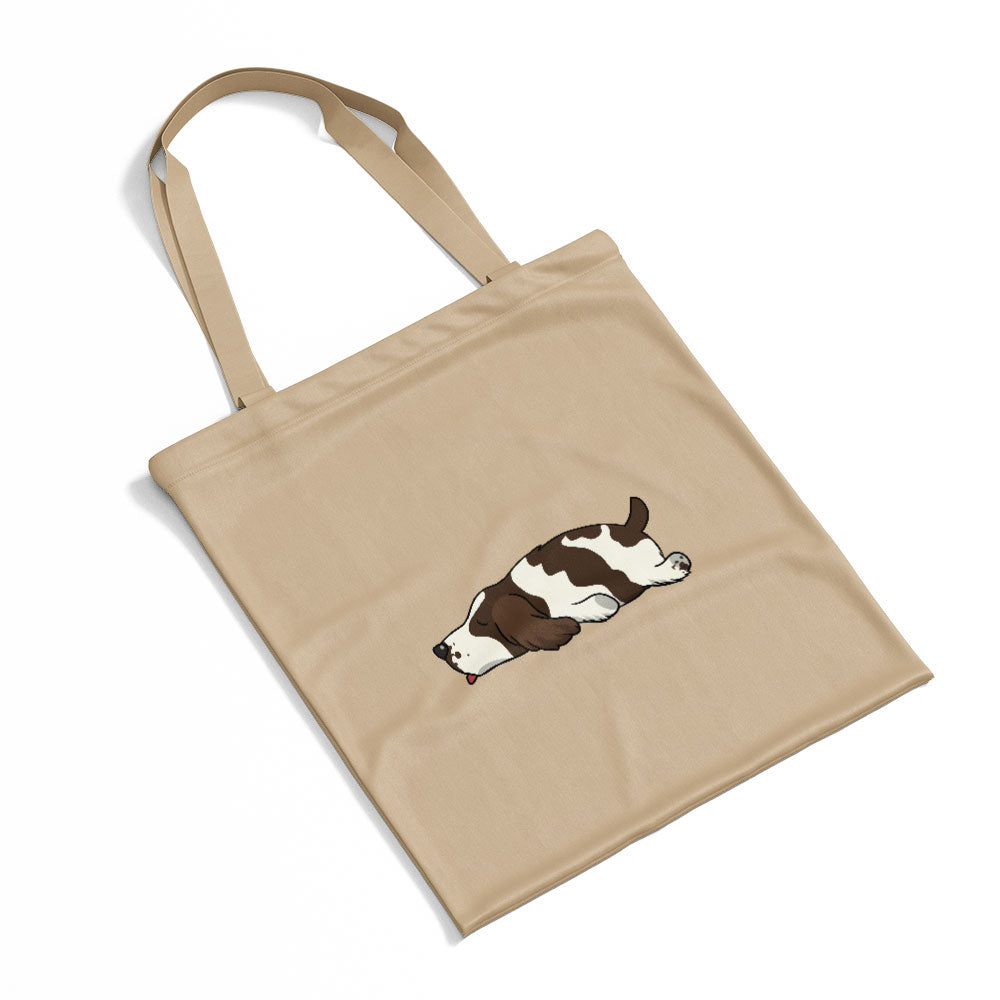 Sleepy Lazy Dog English Springer Spaniel Brown White Spots Totes at $22.95 found at Personalizedpetlovergifts