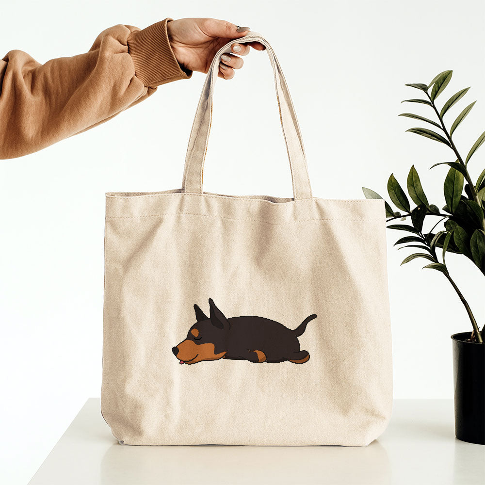 Sleepy Lazy Dog Miniature Pinscher Black Totes at $22.95 found at Personalizedpetlovergifts