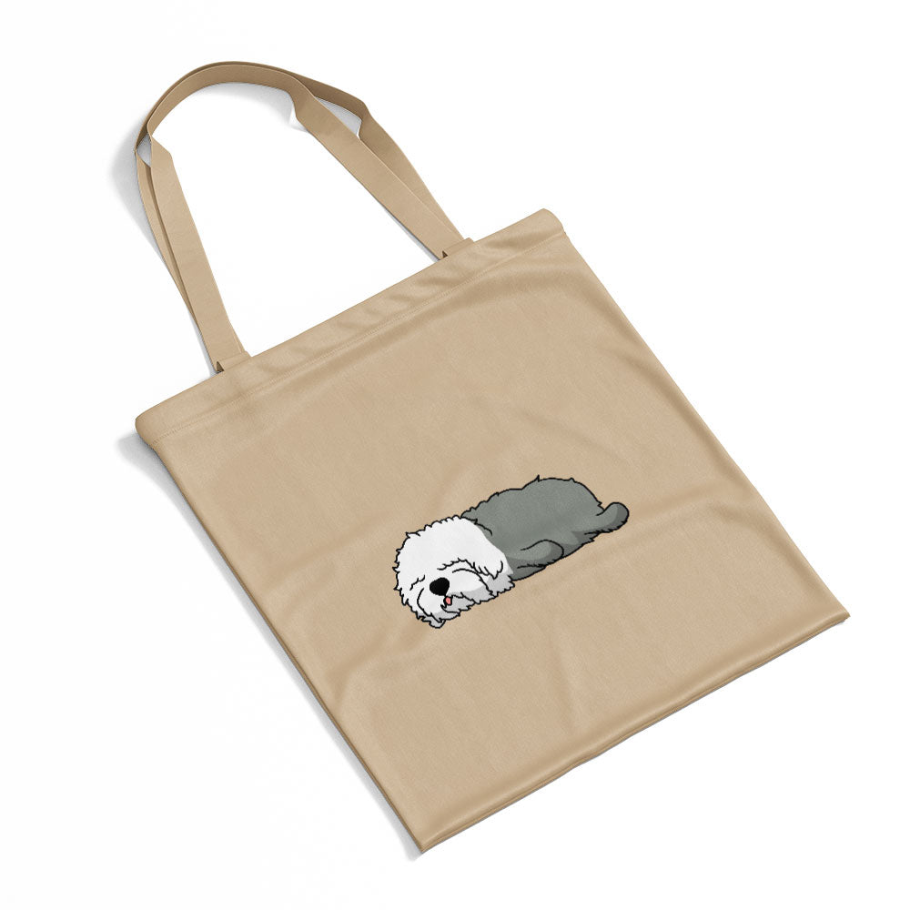 Sleepy Lazy Dog Old English Sheepdog Blue White Totes at $22.95 found at Personalizedpetlovergifts