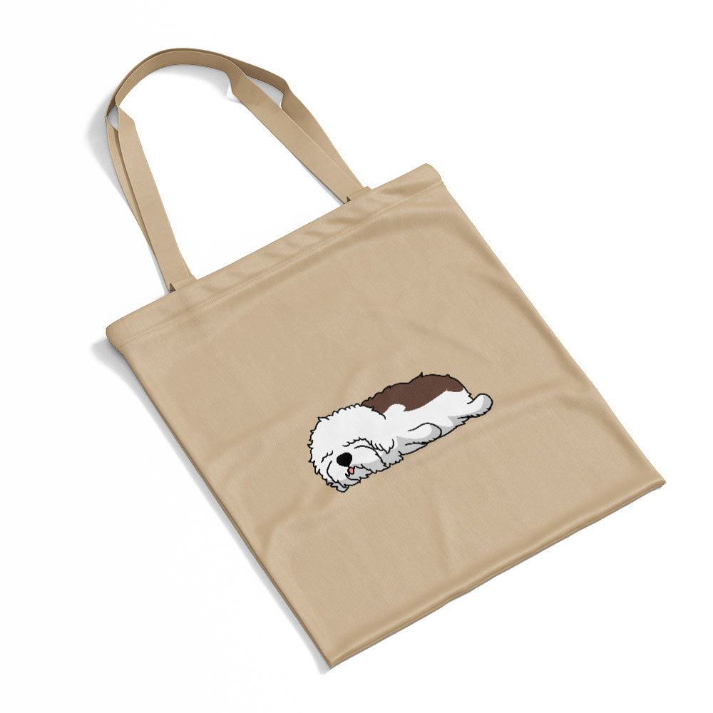 Sleepy Lazy Dog Old English Sheepdog Liver White Totes at $22.95 found at Personalizedpetlovergifts