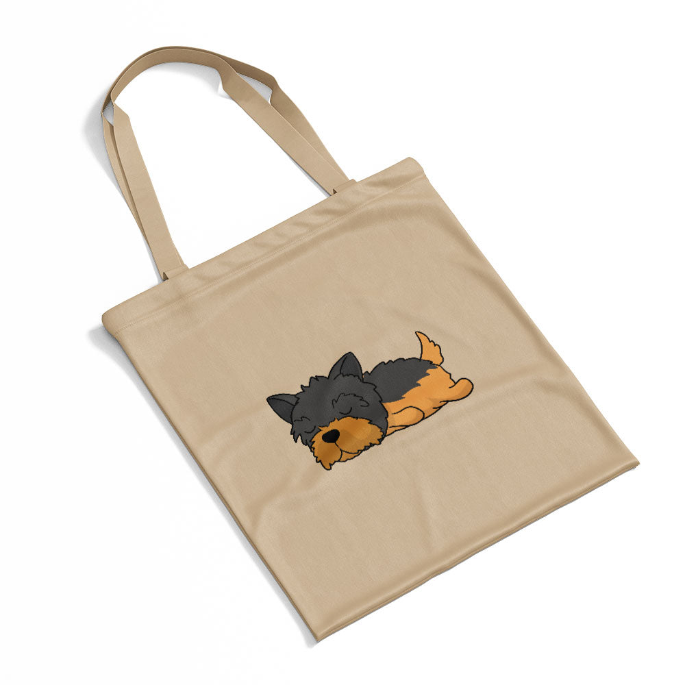 Sleepy Lazy Dog Yorkshire Terrier Black Tan Totes at $22.95 found at Personalizedpetlovergifts