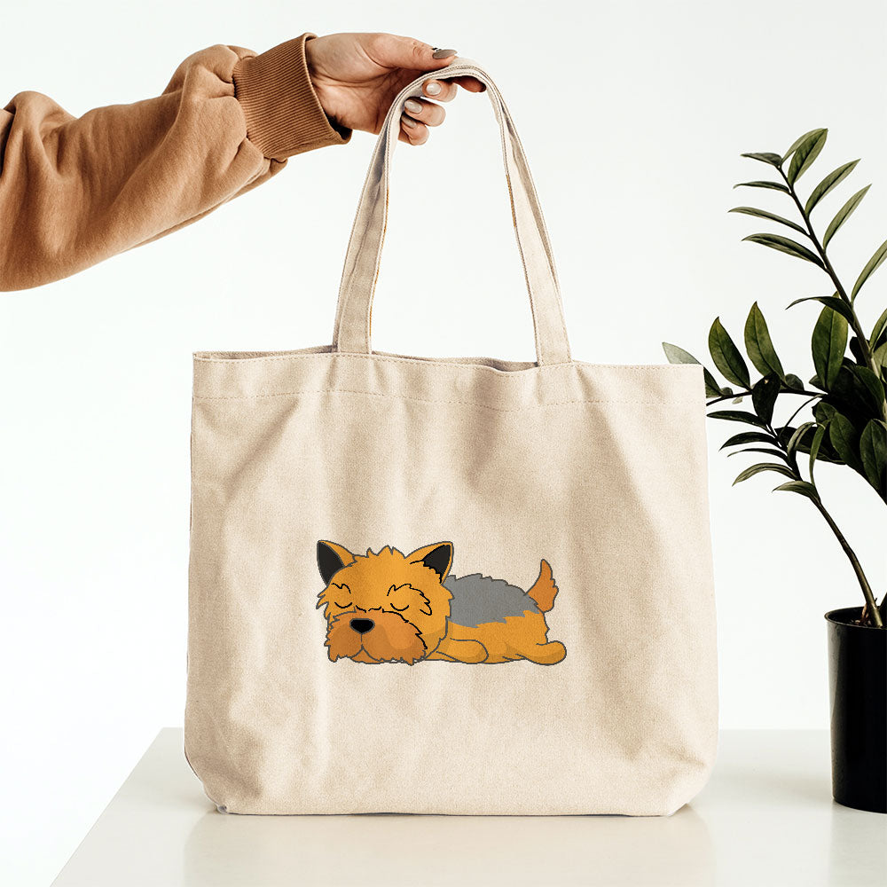 Sleepy Lazy Dog Yorkshire Terrier Blue Tan Totes at $22.95 found at Personalizedpetlovergifts