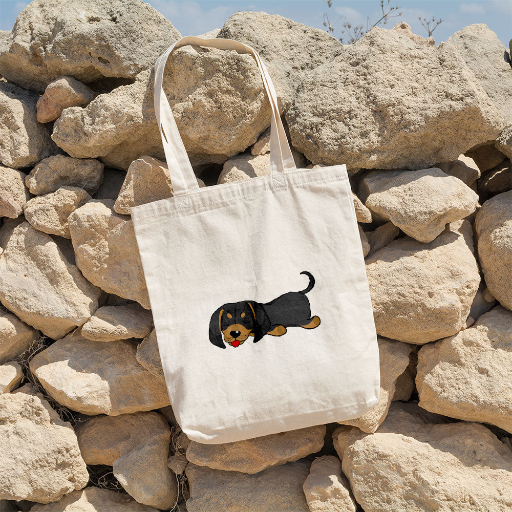 Sleepy Lazy Dog coonhounds black tan Totes at $22.95 found at Personalizedpetlovergifts