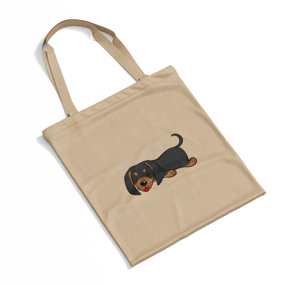 Sleepy Lazy Dog coonhounds black tan Totes at $22.95 found at Personalizedpetlovergifts