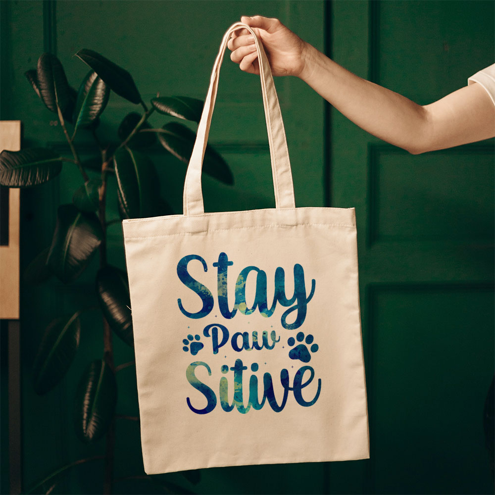 Staw Paw Sitive With Blue Paint Font Totes at $22.95 found at Personalizedpetlovergifts